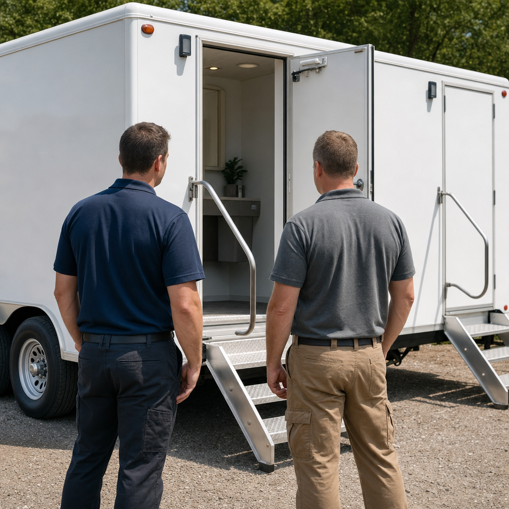 Two workers in plain work clothing standing beside the open door of a clean white restroom trailer