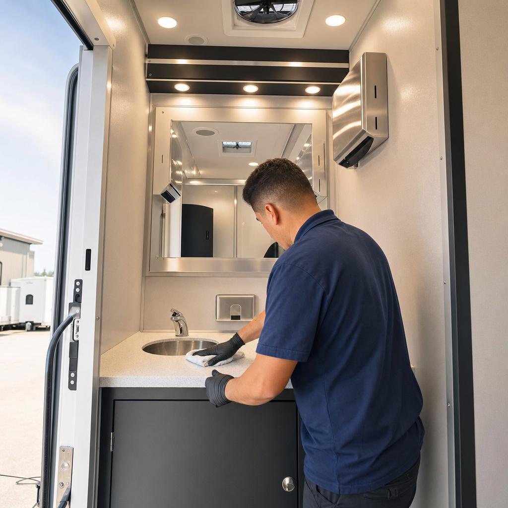 A technician in plain work clothing wiping down and prepping the interior of a clean restroom trailer
