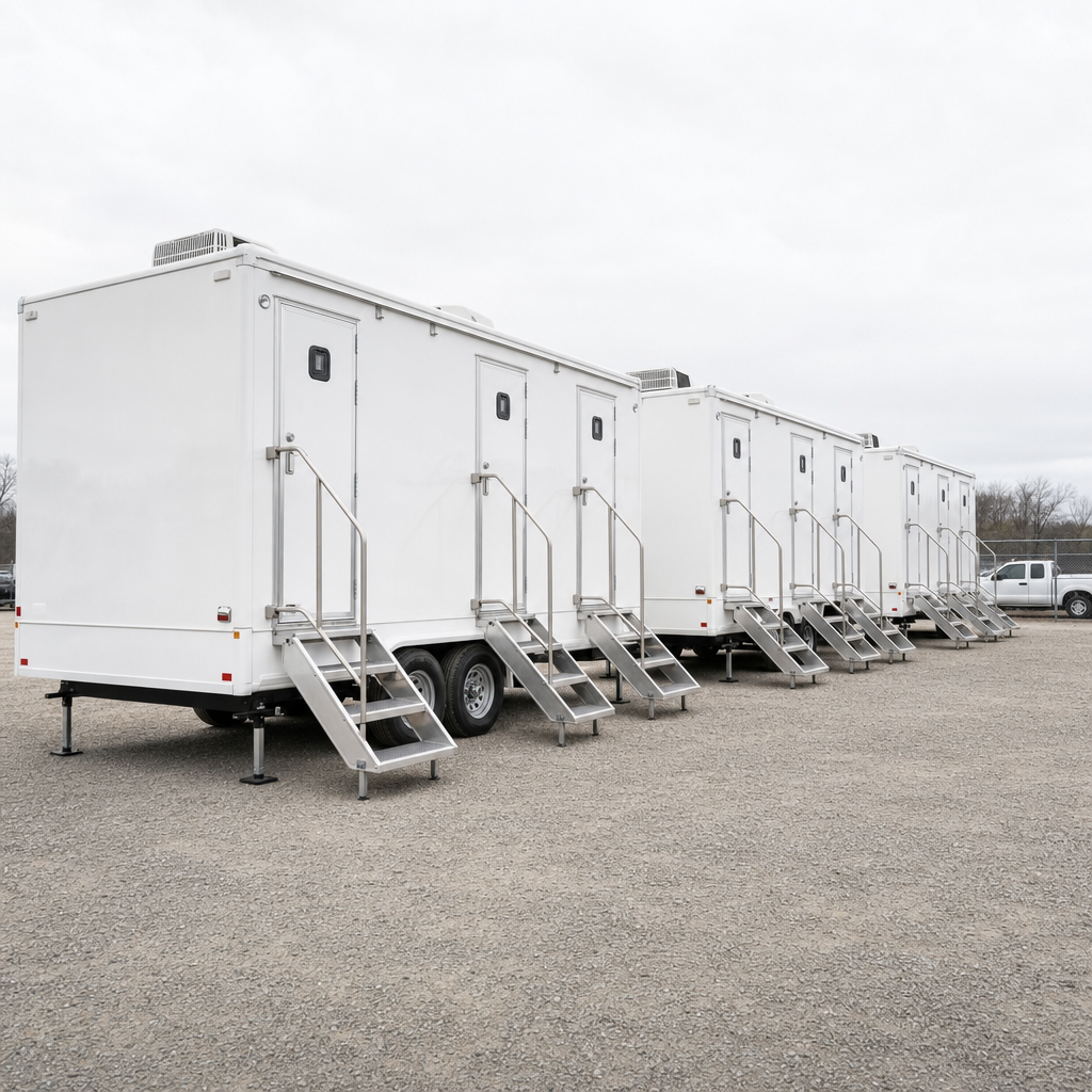 A row of clean white restroom and shower trailers lined up on level ground at a company yard