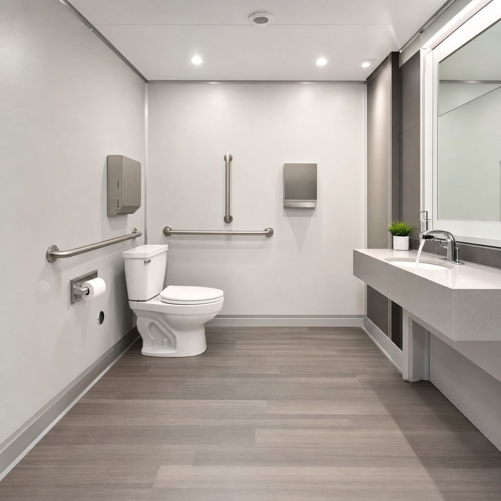 Interior of an accessible restroom trailer showing wall-mounted grab bars, a wide stall, and an accessible-height sink