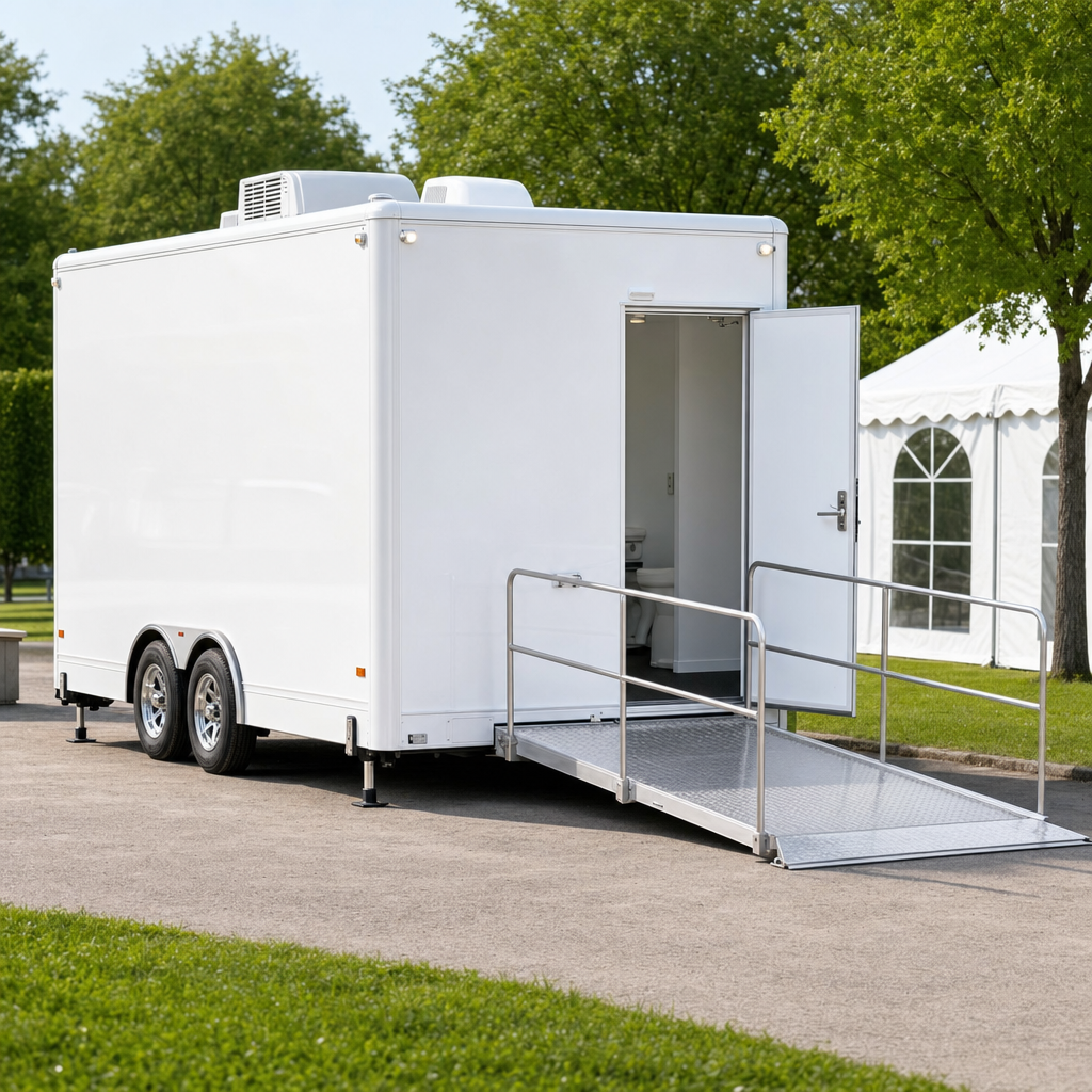 White ADA-compliant restroom trailer with its body lowered to the ground and a low-slope ramp at an outdoor public event