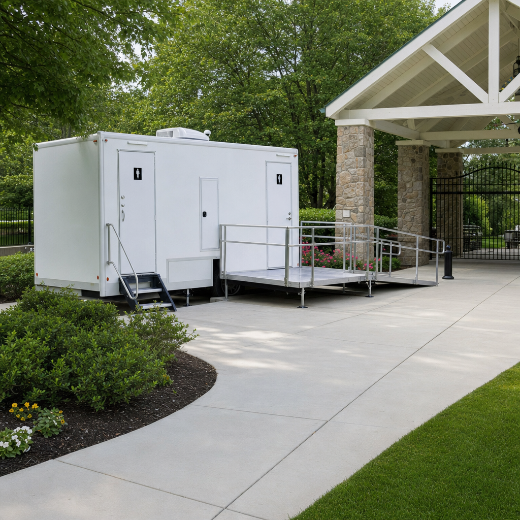 White ADA restroom trailer positioned beside an accessible event entrance on level ground