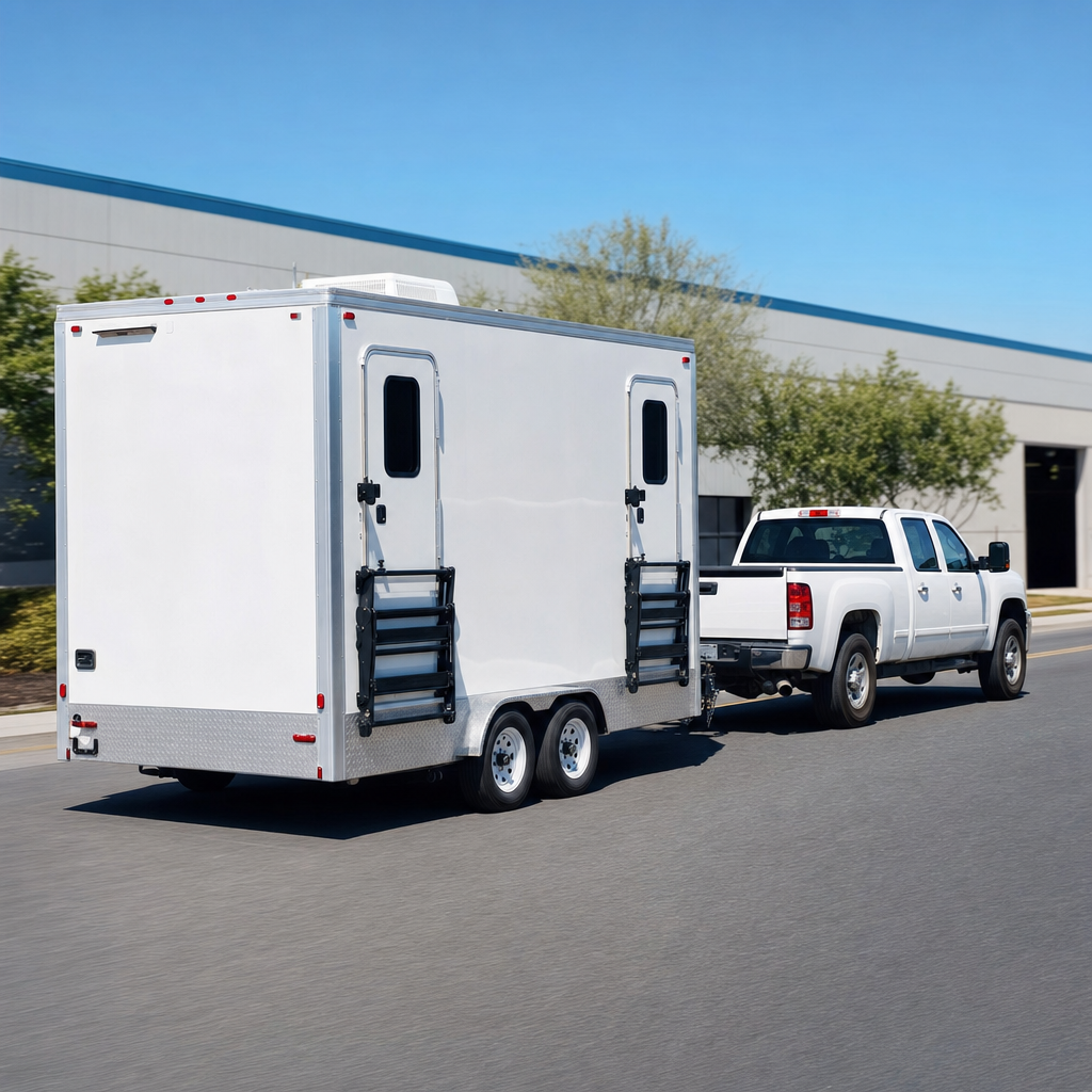 A white delivery pickup truck towing a clean restroom trailer out of the yard toward an event site