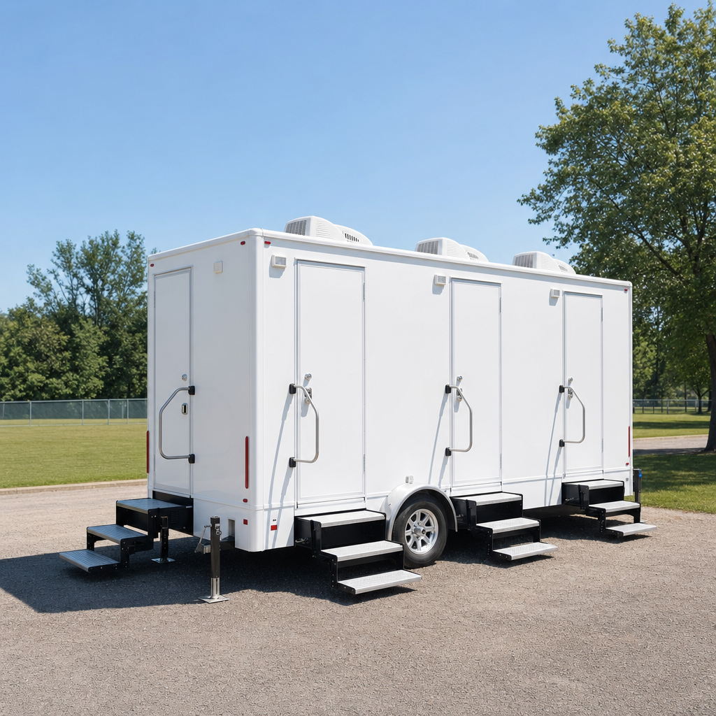 A clean white restroom trailer positioned at a metro-area delivery site, illustrating the region we cover