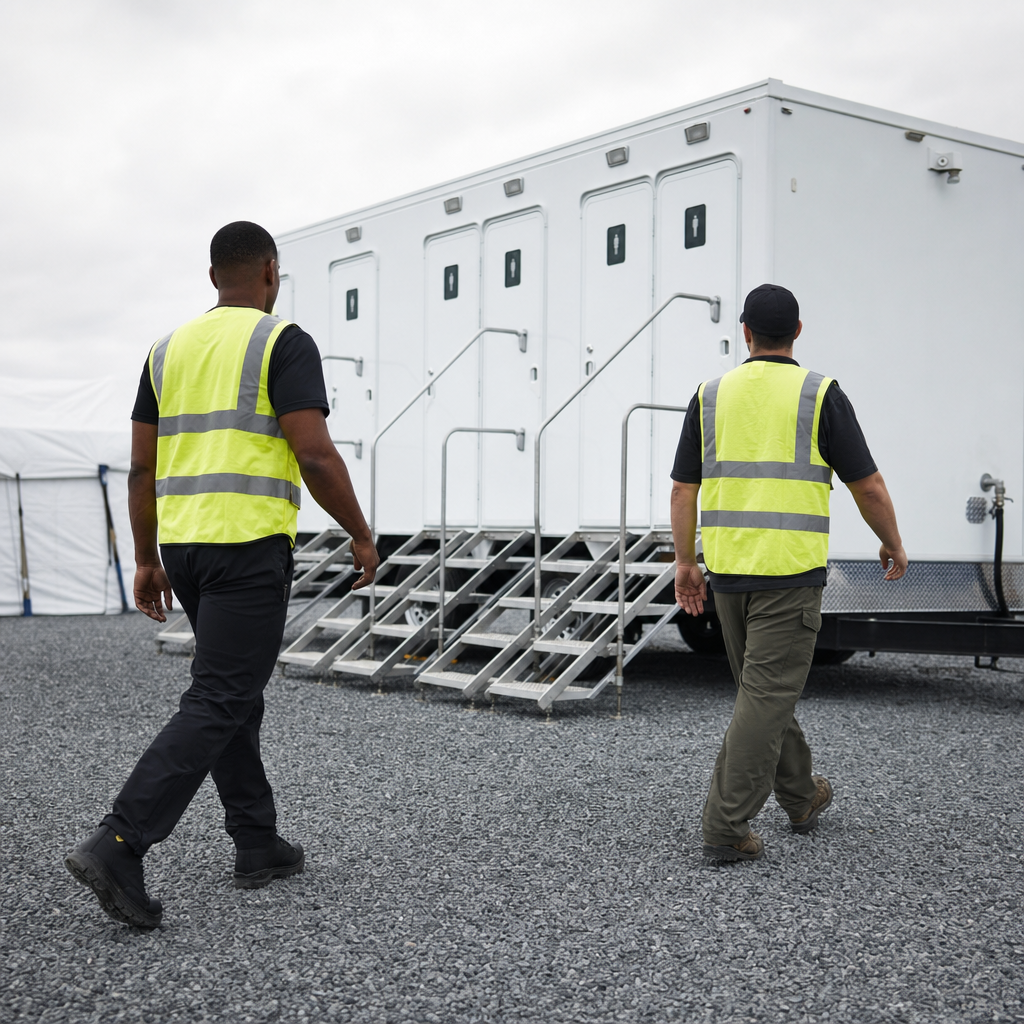 Responders in high-visibility vests walking toward a coach-style shower trailer at a staging lot