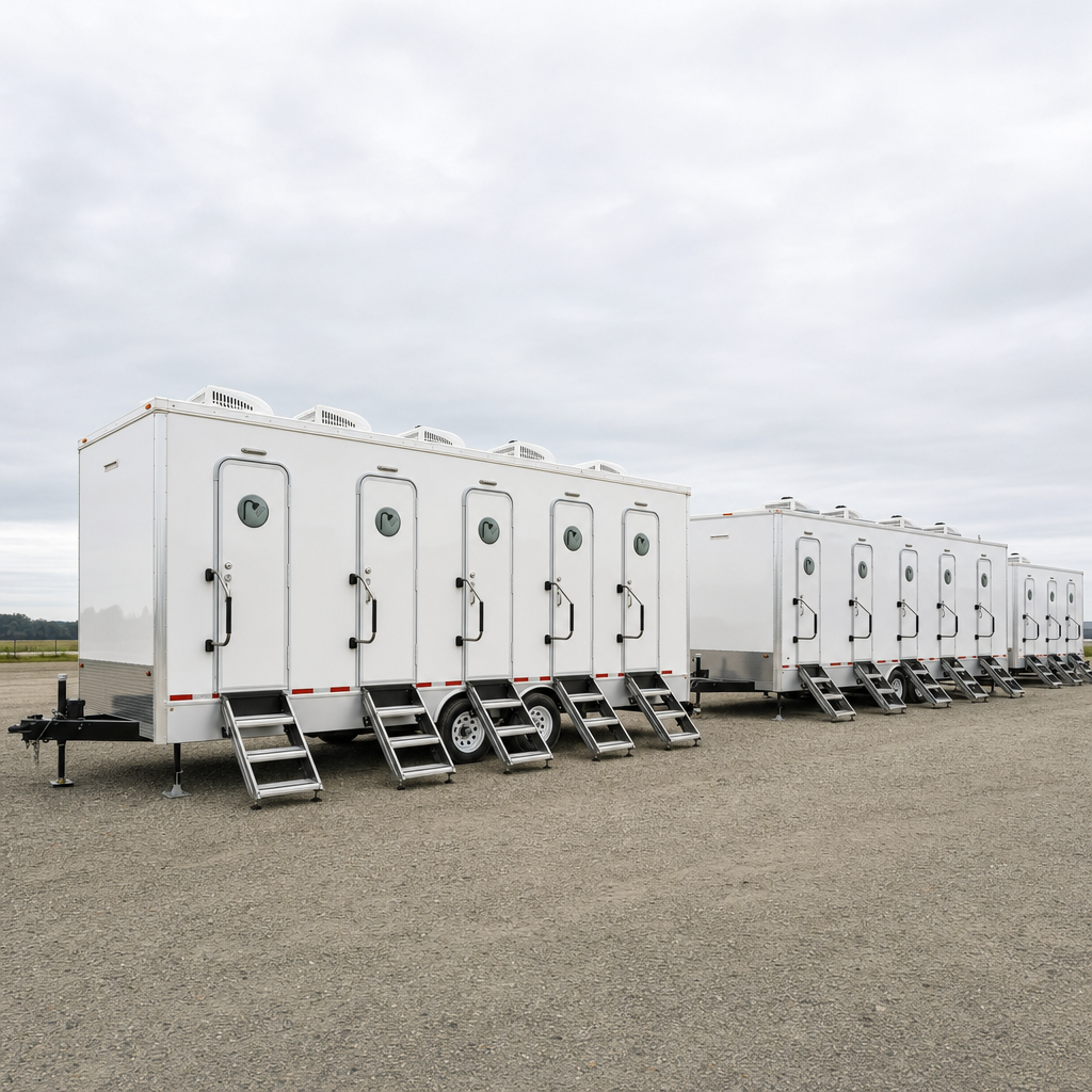 Coach-style restroom and shower trailers staged in rows on a gravel mobilization lot under an overcast sky