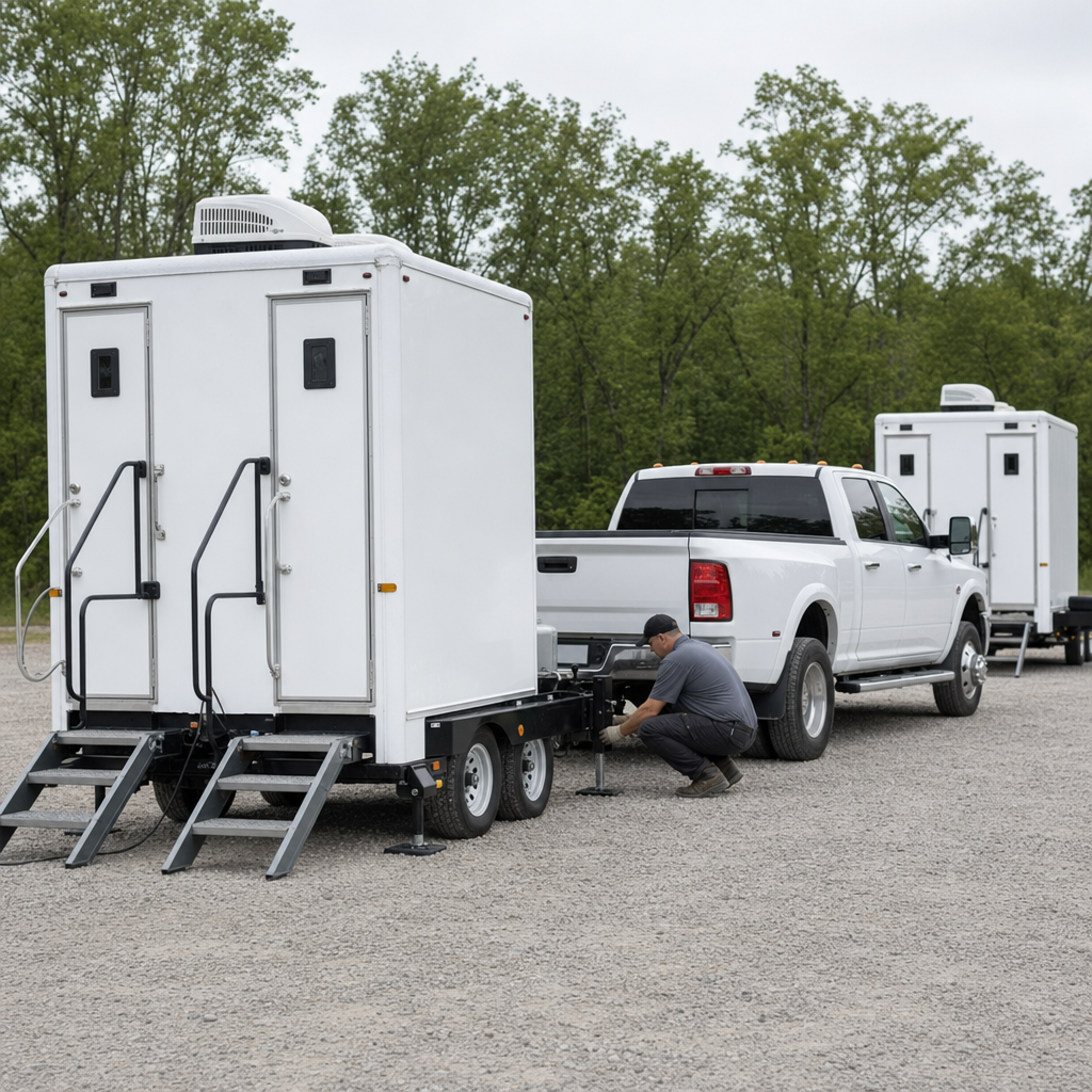 Restroom and shower trailers being positioned and leveled by a pickup truck at a mobilization lot