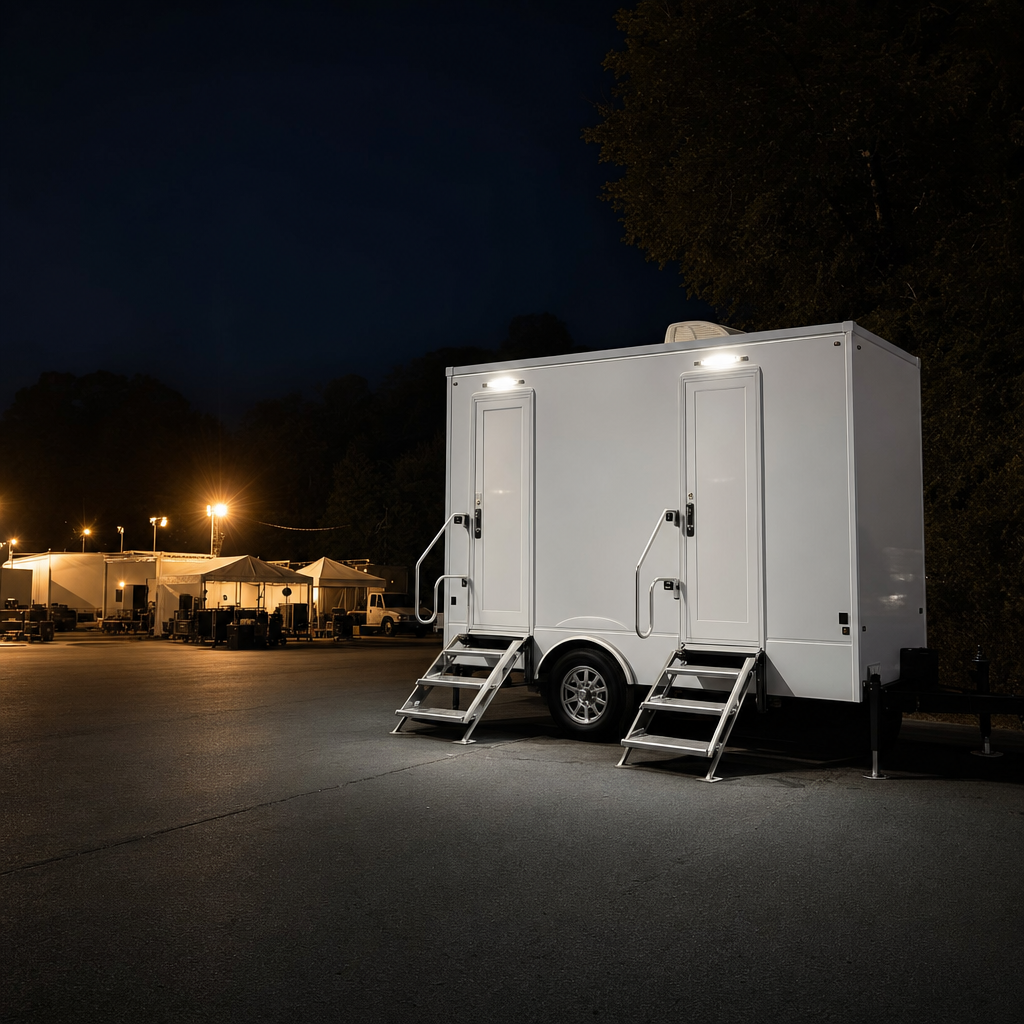 Sleek unbranded VIP restroom trailer parked on a film-production lot under rigging lights at night