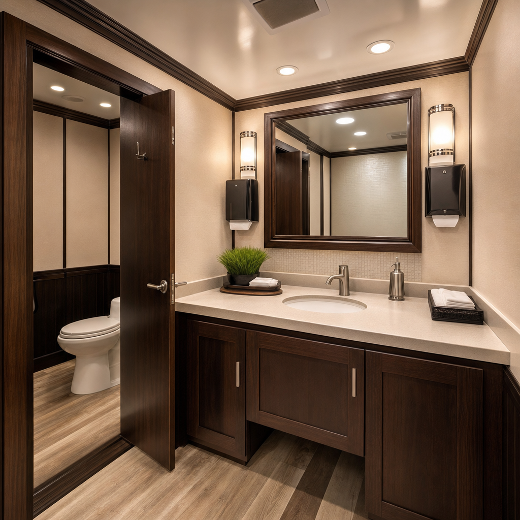 Lounge-grade VIP restroom trailer interior with a running-water vanity, mirror, and warm interior lighting