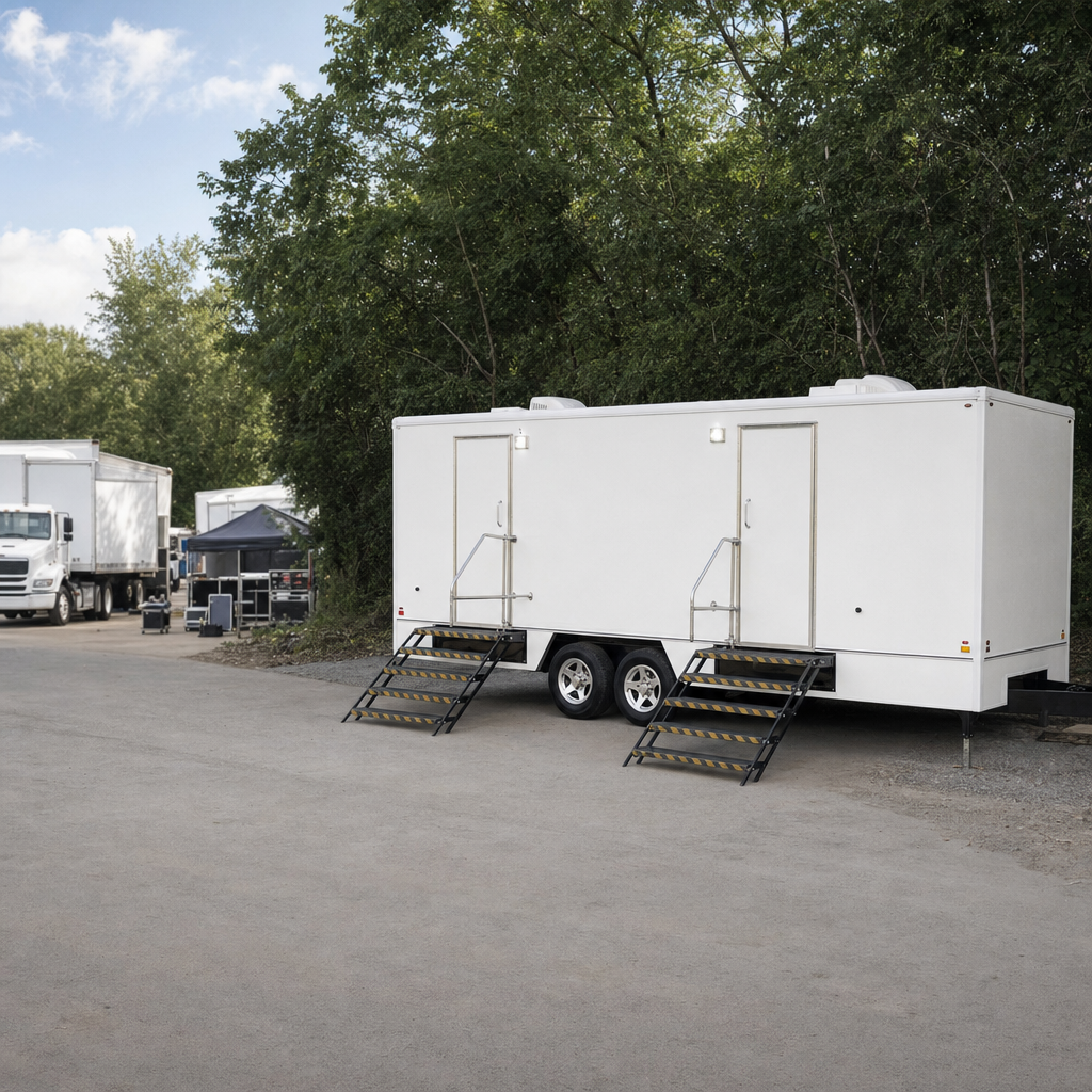 VIP restroom trailer placed discreetly behind a film-production basecamp area