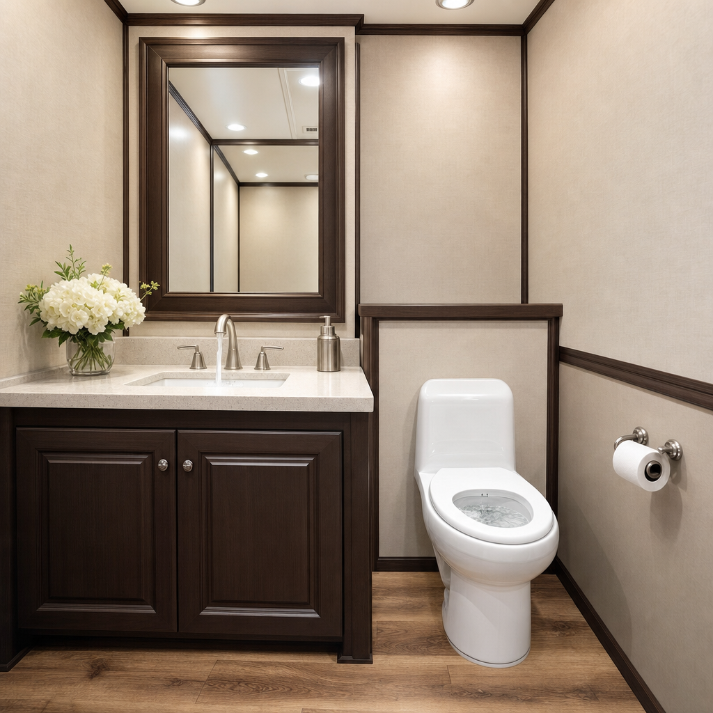 Clean restroom trailer interior with vanity, sink, and flushing toilet