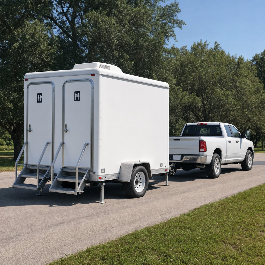 Crew positioning a restroom trailer for delivery on a quiet residential street