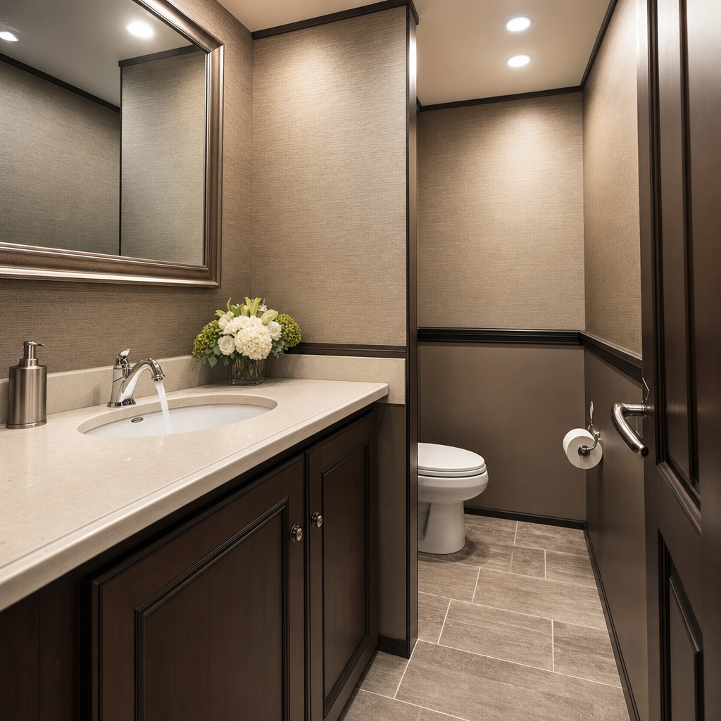 Interior of a restroom trailer with a solid-surface vanity, framed mirror, real sink and warm overhead lighting