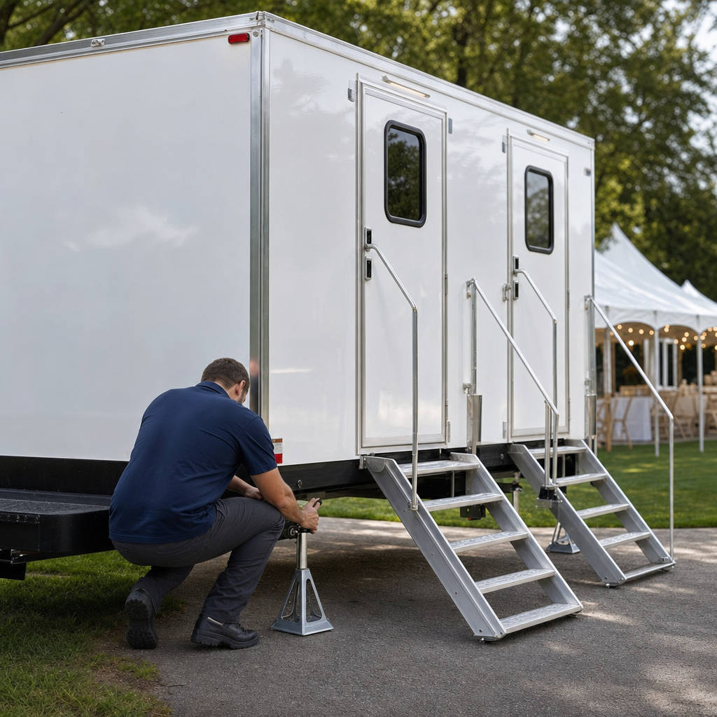 A uniformed crew member setting stabilizer jacks to level a restroom trailer at the edge of an event lawn