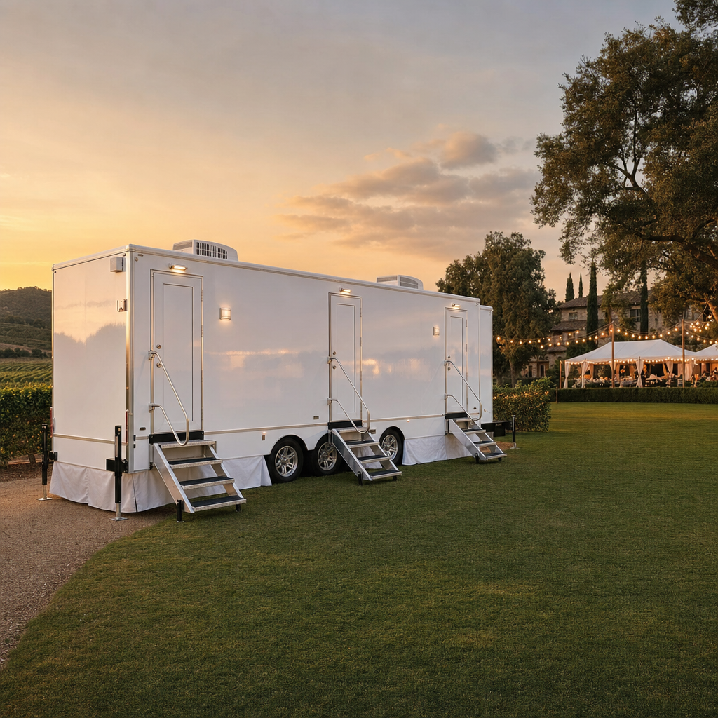 Luxury white restroom trailer set up on a manicured event lawn at golden hour