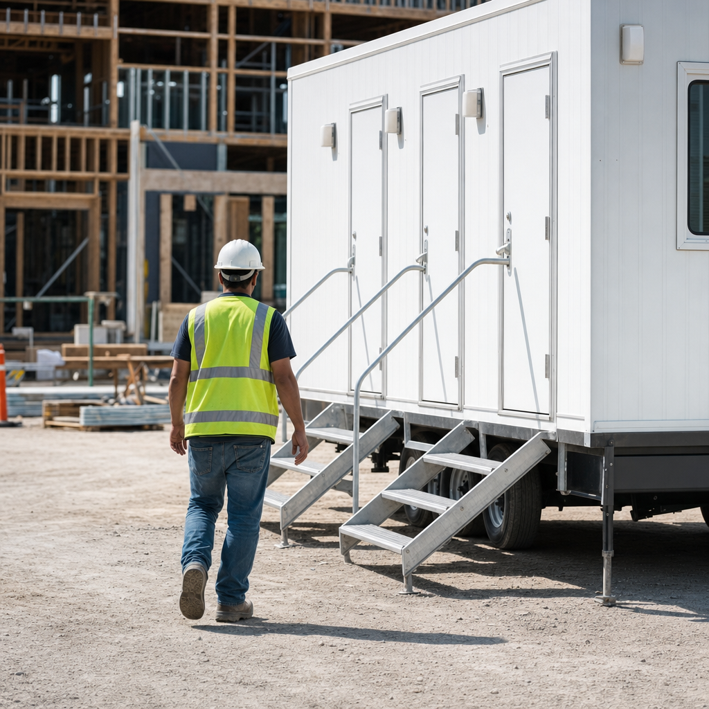 Construction worker in a hi-vis vest walking toward a restroom trailer on an active jobsite