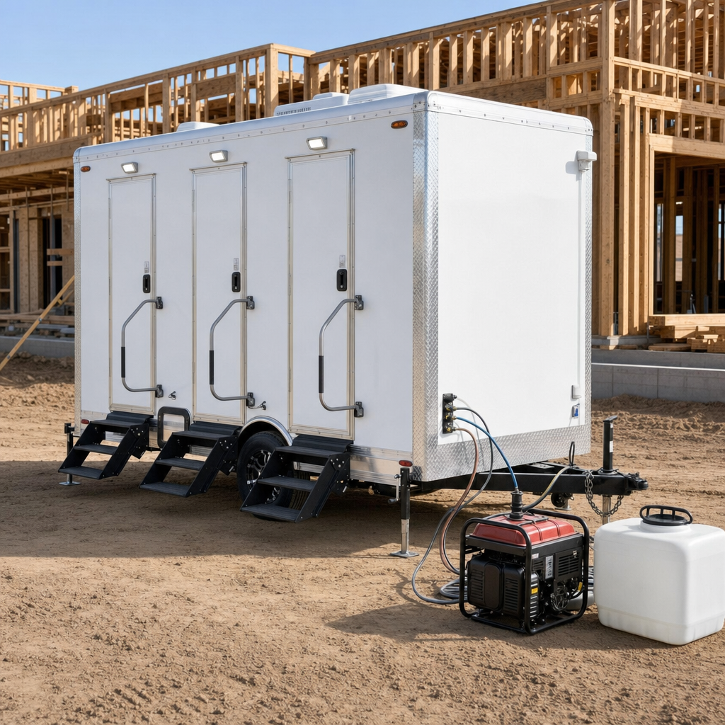 Restroom trailer with an onboard generator and fresh water tank set up to run off-grid on a jobsite