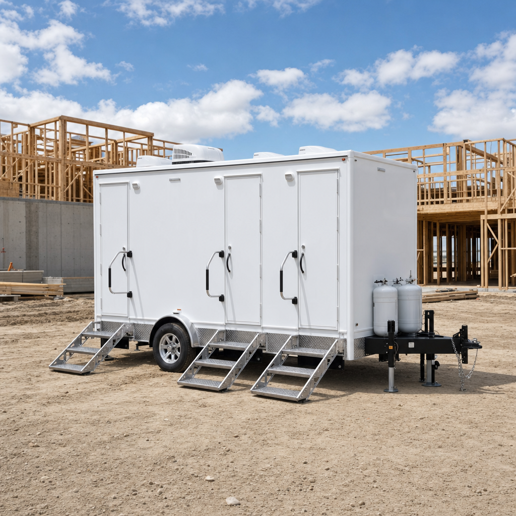Rugged multi-stall restroom trailer set up on an active construction jobsite