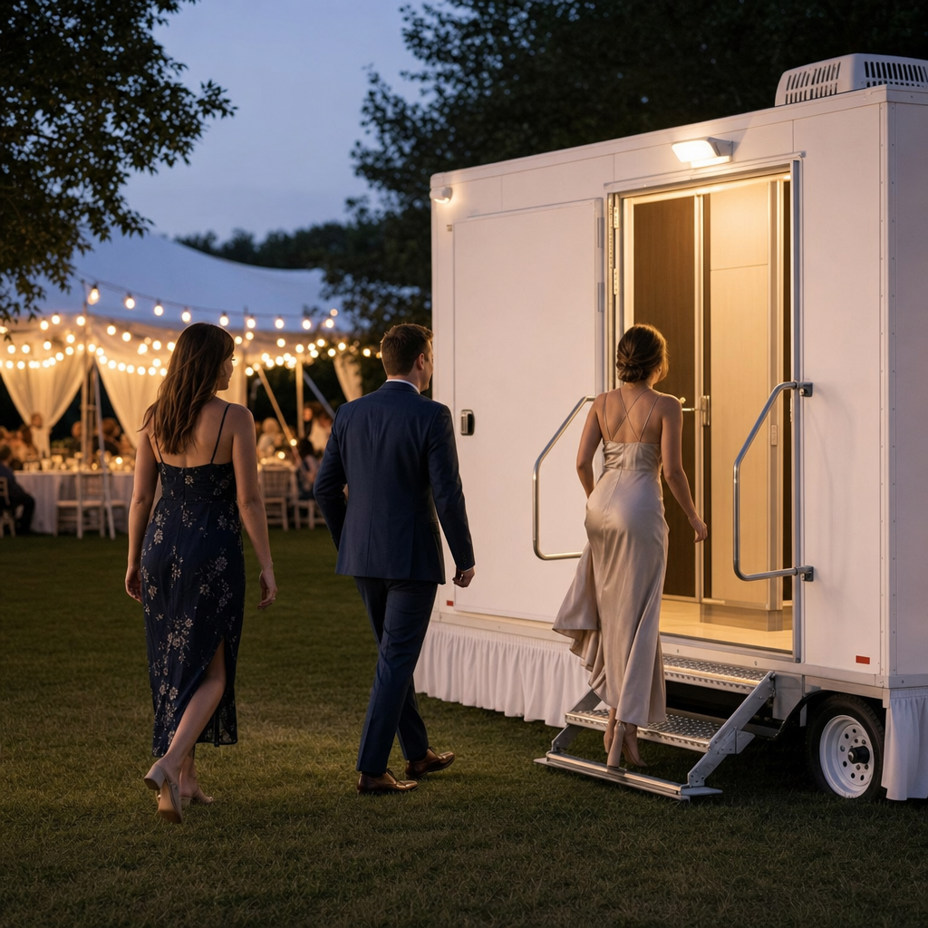 Well-dressed guests approaching the steps of a restroom trailer at an outdoor evening wedding