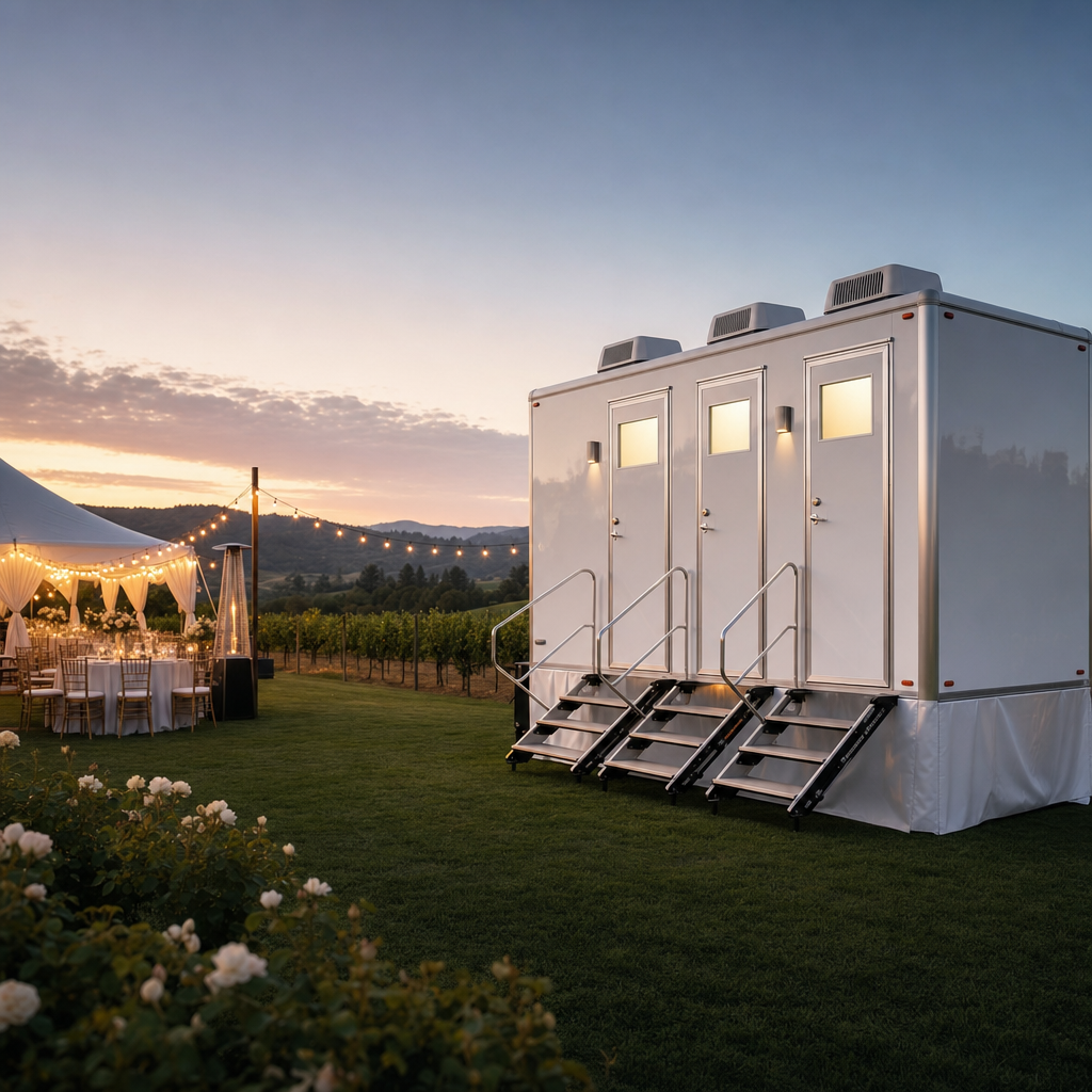 Elegant white restroom trailer beside a tented vineyard wedding reception at dusk