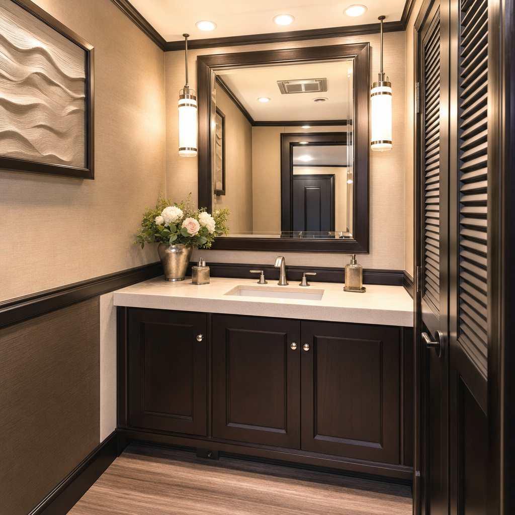 Luxurious restroom trailer interior with vanity, framed mirror, fresh florals, and warm lighting