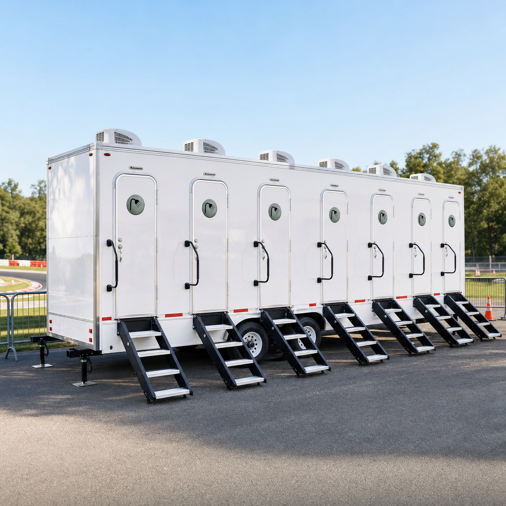 Portable shower trailer parked on a paved staging area beside an outdoor race course