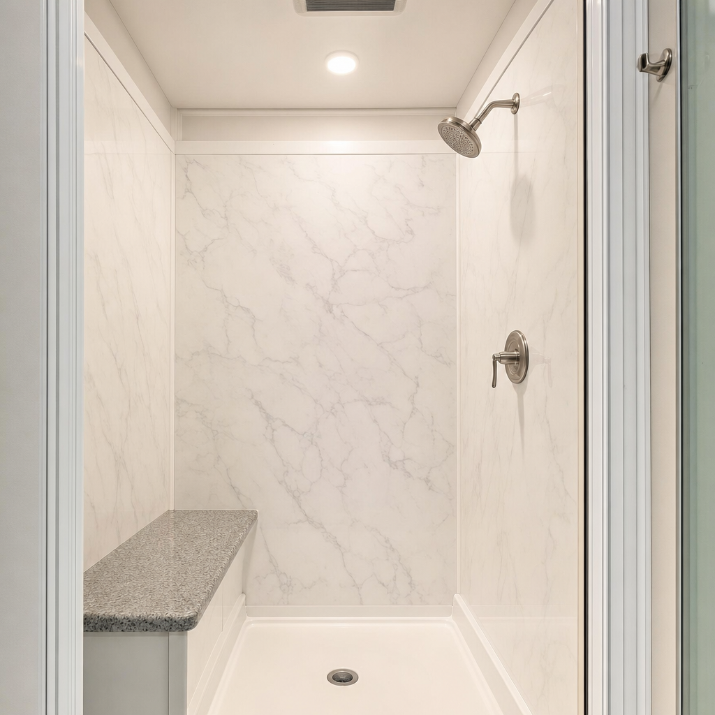 Clean private shower stall interior with tile-look walls, a fixed showerhead, and hot and cold controls