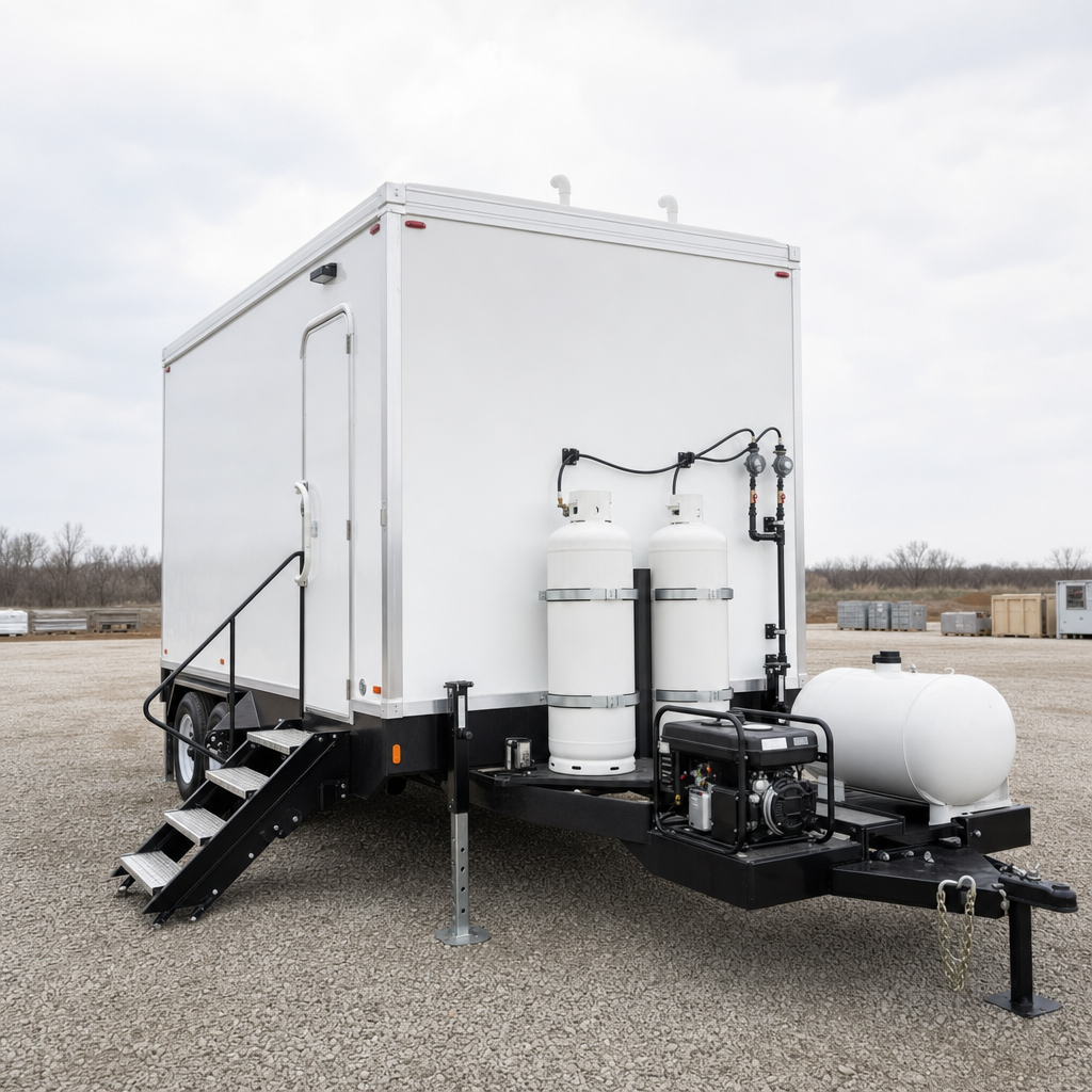 Portable shower trailer staged on a gravel relief lot beside a freshwater supply tank