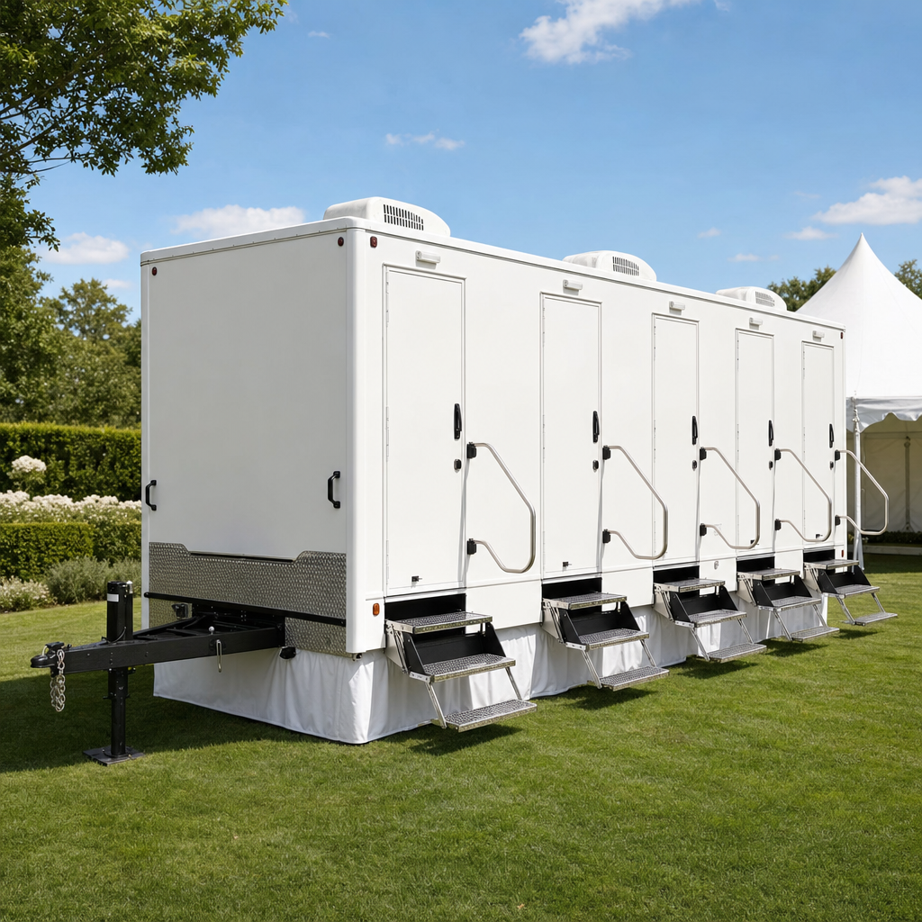 Exterior three-quarter view of a white five-stall event restroom trailer with fold-down aluminum stairs and separate entry doors