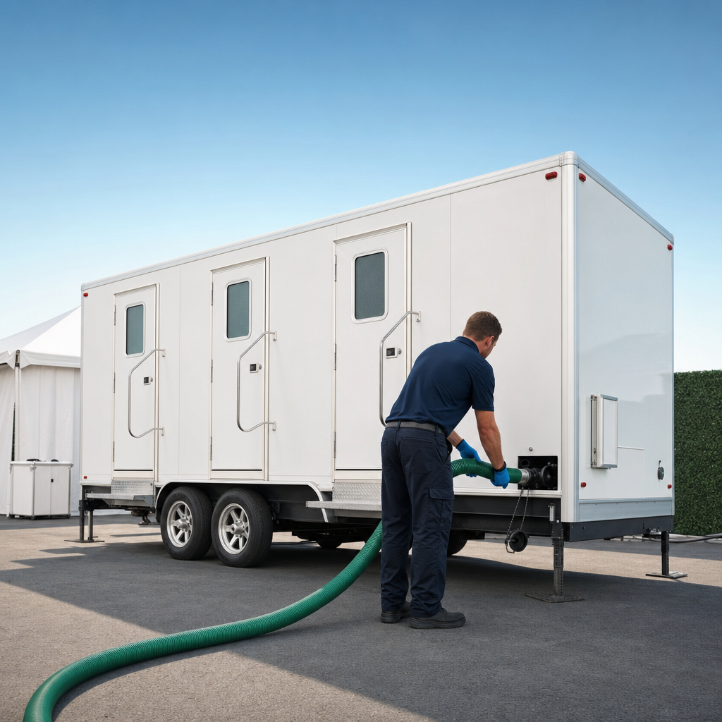 A uniformed technician guiding a vacuum pump hose toward the exterior holding tank of a white restroom trailer