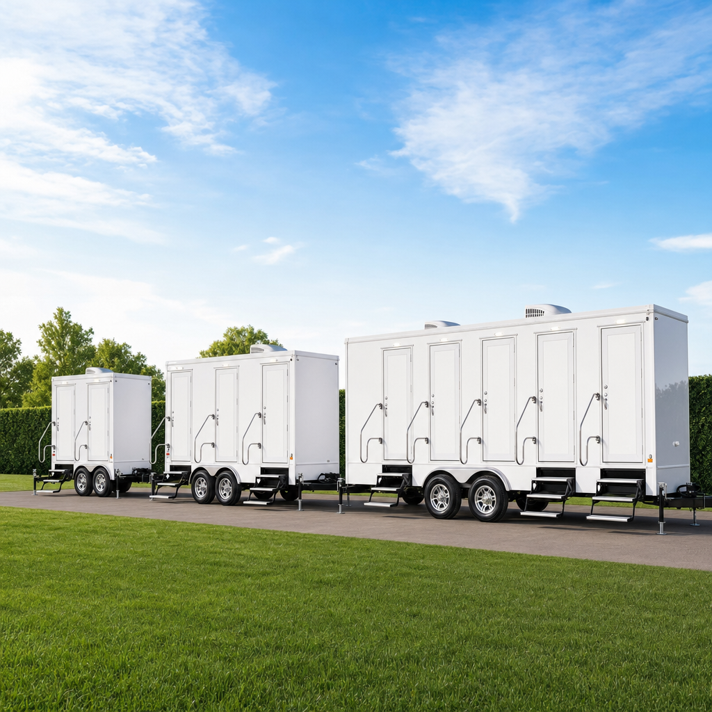 A lineup of two-, three-, and five-stall white restroom trailers parked side by side on a level event lot