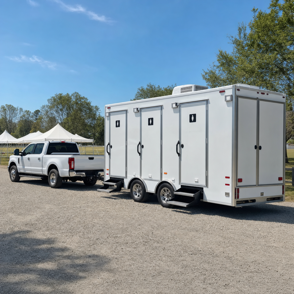 A white coach-style restroom trailer being towed on a flatbed for delivery to an event venue
