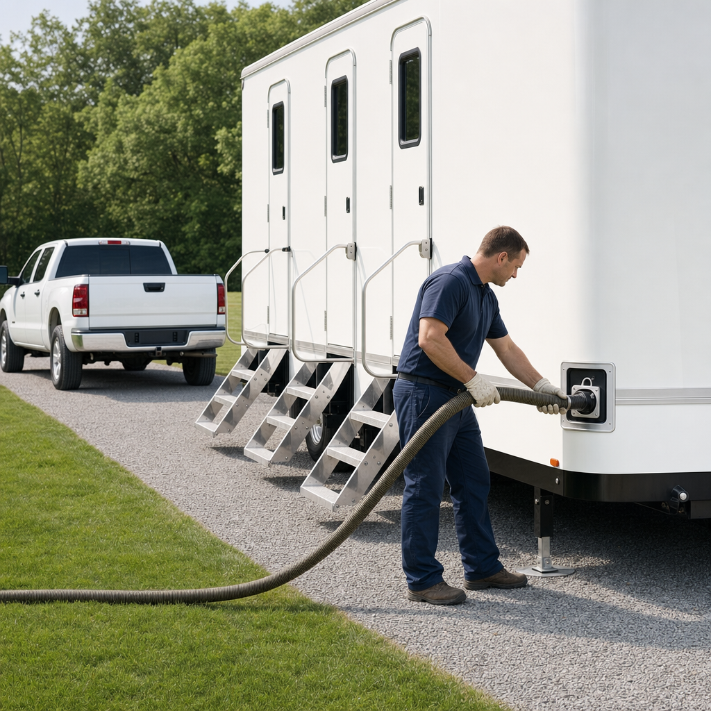 Technician guiding a pump-out hose toward the waste-tank connection on a white restroom trailer