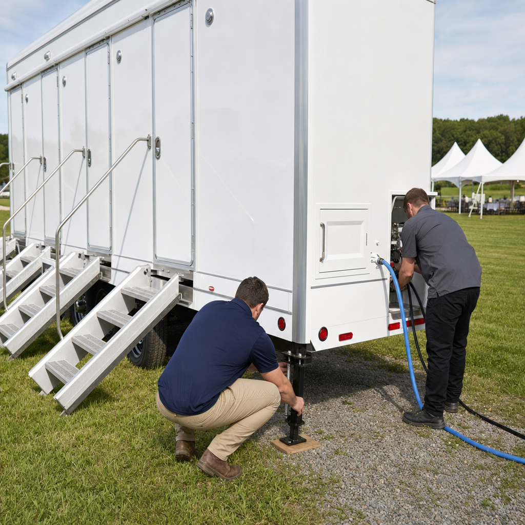 Two crew members leveling a white restroom trailer on stabilizer jacks and connecting water and power lines at an event site