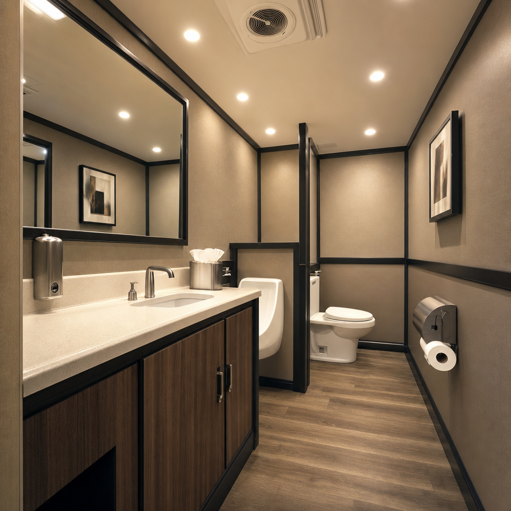 Spotless serviced restroom trailer interior with a wood-look vanity, mirror, and flushing toilet