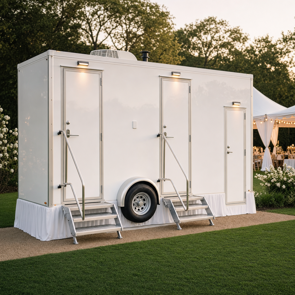 A clean, serviced white restroom trailer set and ready to use at an outdoor event venue