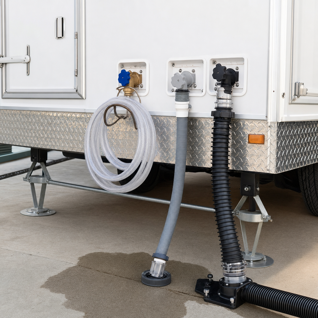 Close-up of the grey, black, and freshwater tank connections and valves beneath a restroom trailer