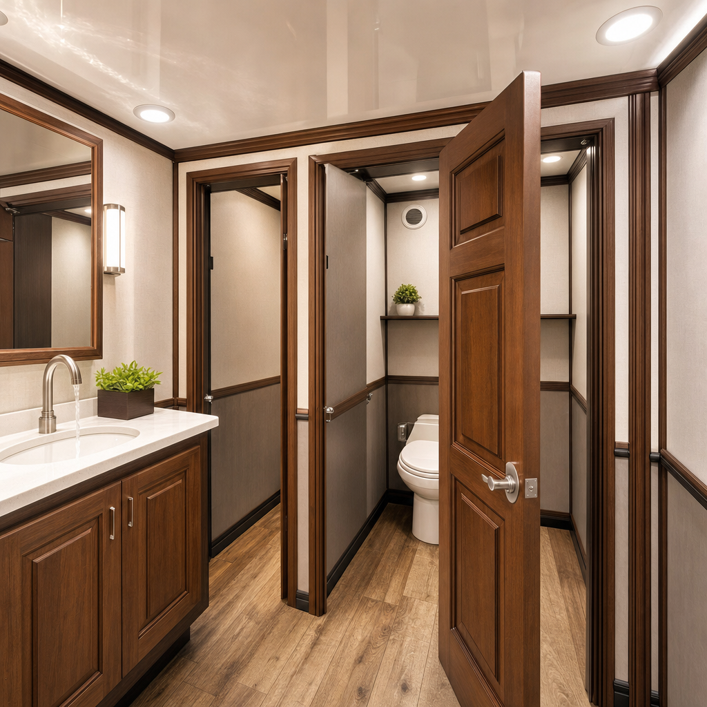 Interior of a restroom trailer with a solid-surface vanity, framed mirror, running-water sink and a private flushing-toilet stall