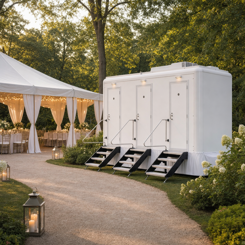 A restroom trailer set up beside an elegant outdoor tented reception, elevating the guest experience