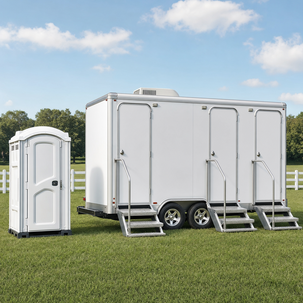 A clean white restroom trailer parked beside a standard portable restroom on level ground at an outdoor event