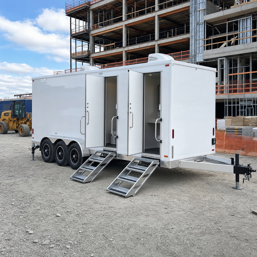 A white multi-stall restroom trailer set up and leveled on an active construction jobsite with its entry steps down