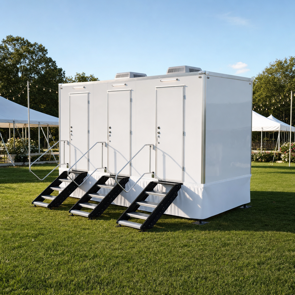 A white multi-stall restroom trailer leveled and set on a manicured event lawn with fold-down stairs deployed