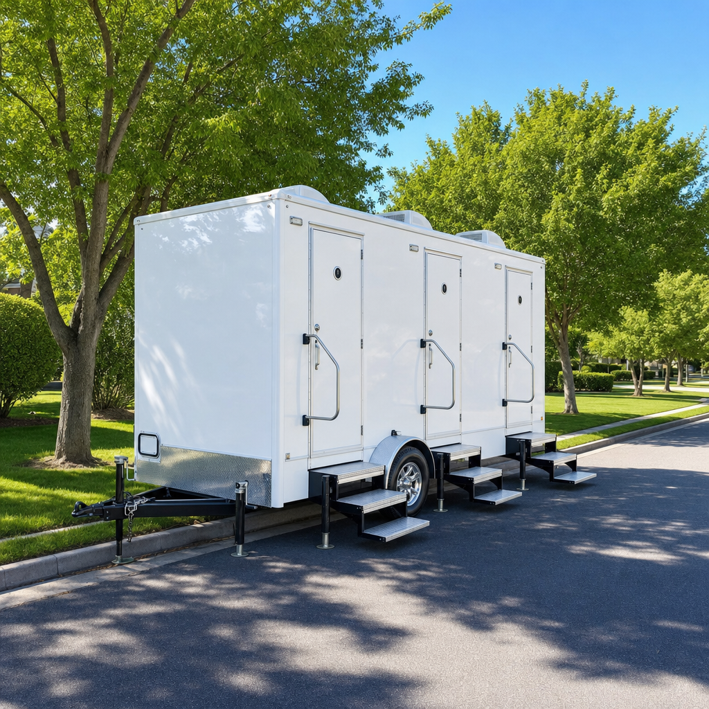 A gleaming white multi-stall restroom trailer parked and leveled on a quiet tree-lined residential street