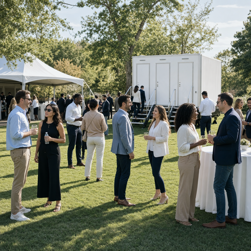 Guests gathered on a park lawn at a corporate event with a restroom trailer positioned in the background