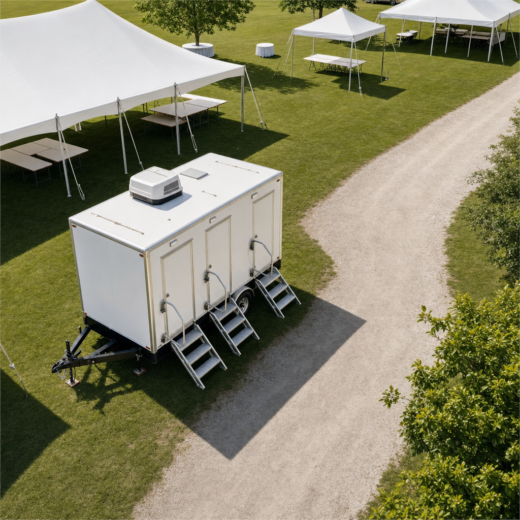 Overhead view of a tidy outdoor event ground with a white multi-stall restroom trailer positioned on level grass