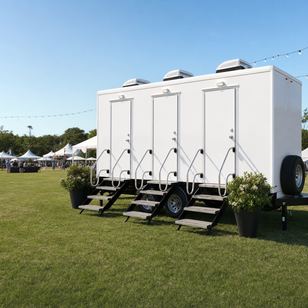 Multi-stall white restroom trailer set up on festival fairgrounds during a daytime public event