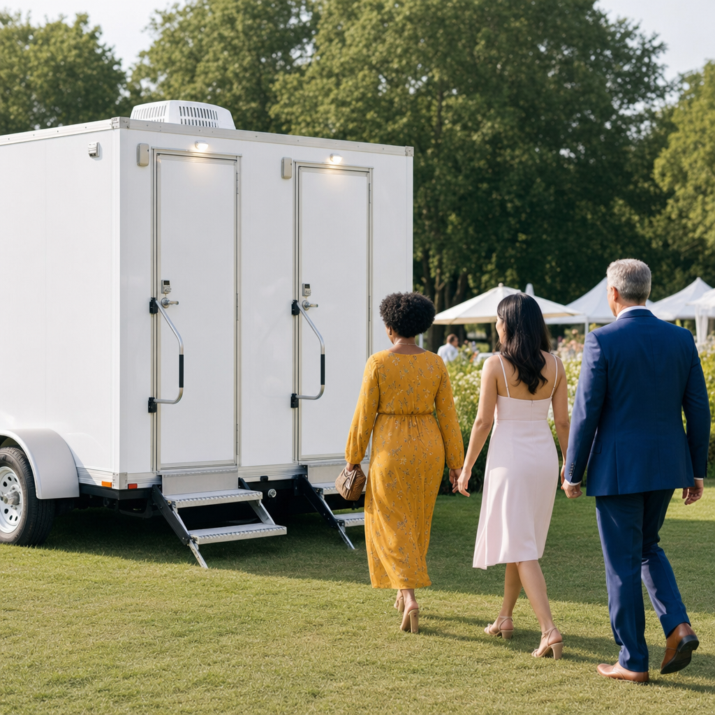 Event attendees walking comfortably to a clean restroom trailer with no line at an outdoor gathering