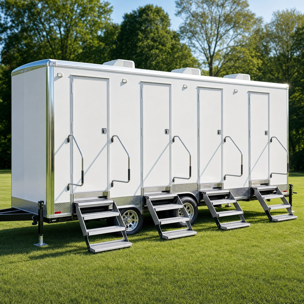 Row of clean coach-style restroom trailer stall doors with fold-down steps at an outdoor event