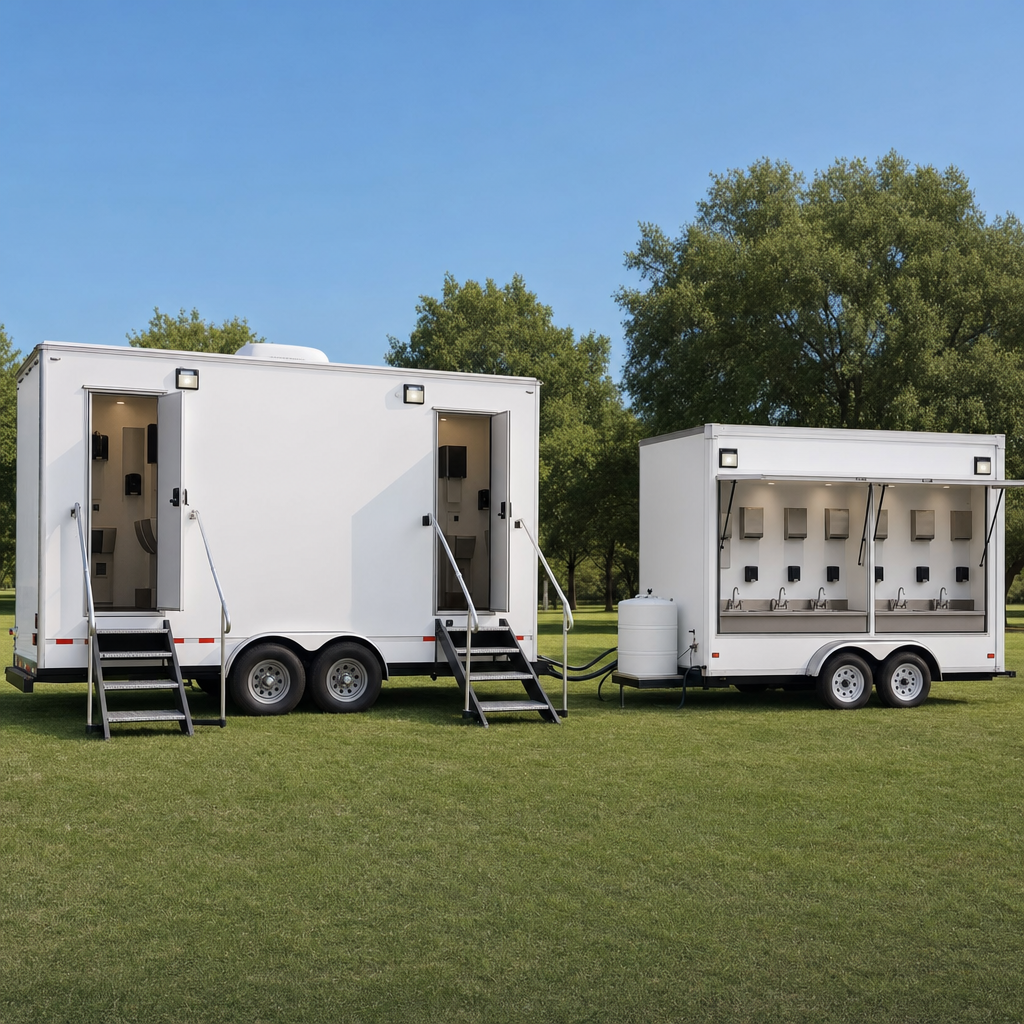 A white restroom trailer paired with a freestanding handwash sink station on level ground at an outdoor event